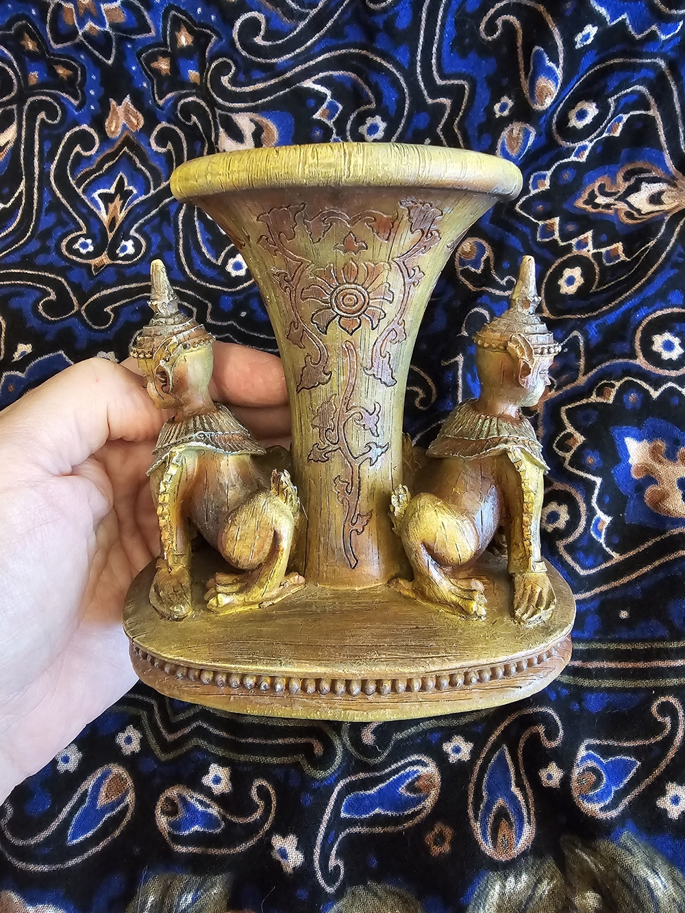 Thai Burmese Faux Wood Resin Pillar Candle Holder - Mythical Guardian